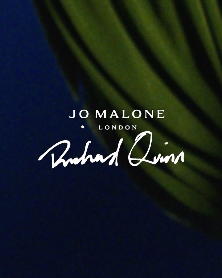 Jo Malone London and Richard Quinn logo displayed on a blue and green textured background. Fashion and beauty advertising campaign.