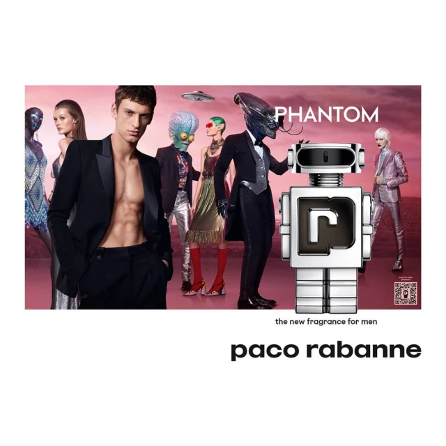 Fragrance ad featuring a shirtless man in a black suit surrounded by diverse characters, including aliens and a silver robot.