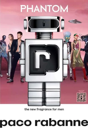 Phantom by Paco Rabanne fragrance advertisement featuring a silver robot perfume bottle, models, and a futuristic design on a pink background.