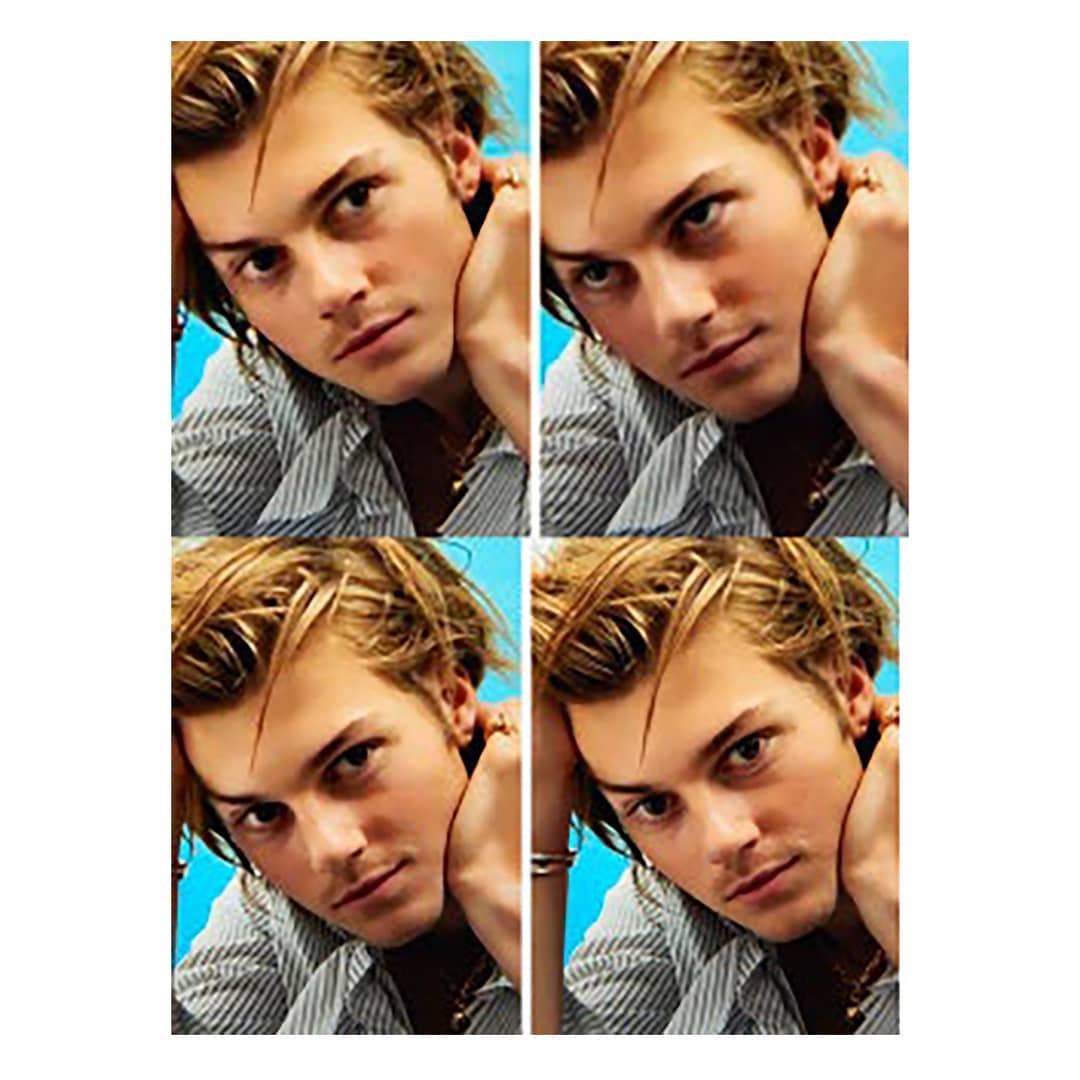 Multiple close-up portraits of a light-skinned male with brown hair against a turquoise background, wearing a collared shirt and jewelry.