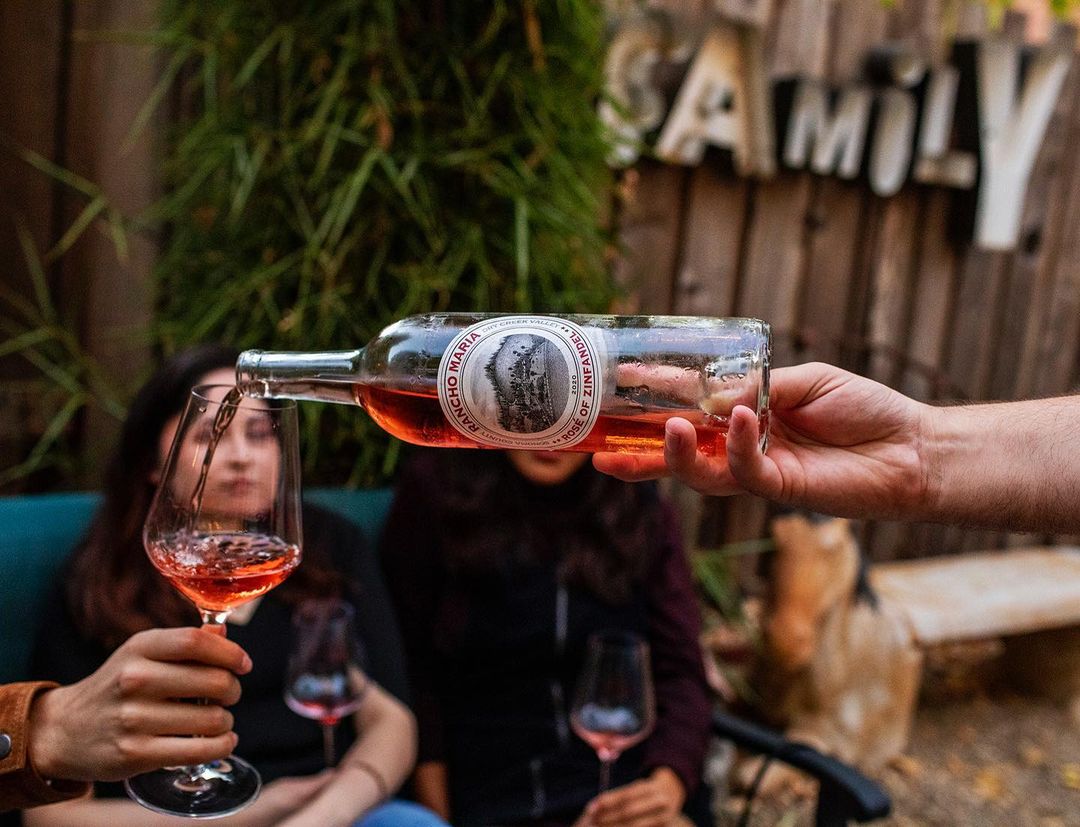 Pouring rose wine into glass at an outdoor gathering with two women in the background, showcasing a relaxing social scene.