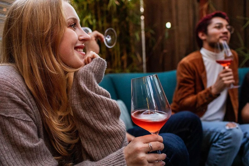 A group of friends sitting and drinking rose wine at a casual outdoor gathering, enjoying their time together with smiles and conversation.
