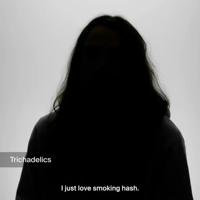 Dark silhouette of a person with long hair against a white background, wearing a hoodie. Minimalist portrait with stark contrast.