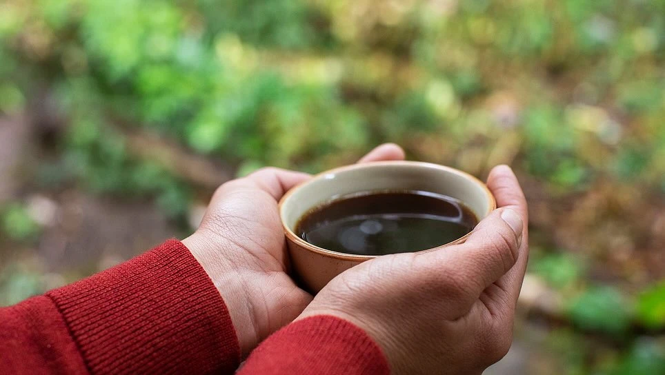 A close-up shot shows hands holding a cup of dark coffee against a blurred green background, highlighting the beverage and setting.