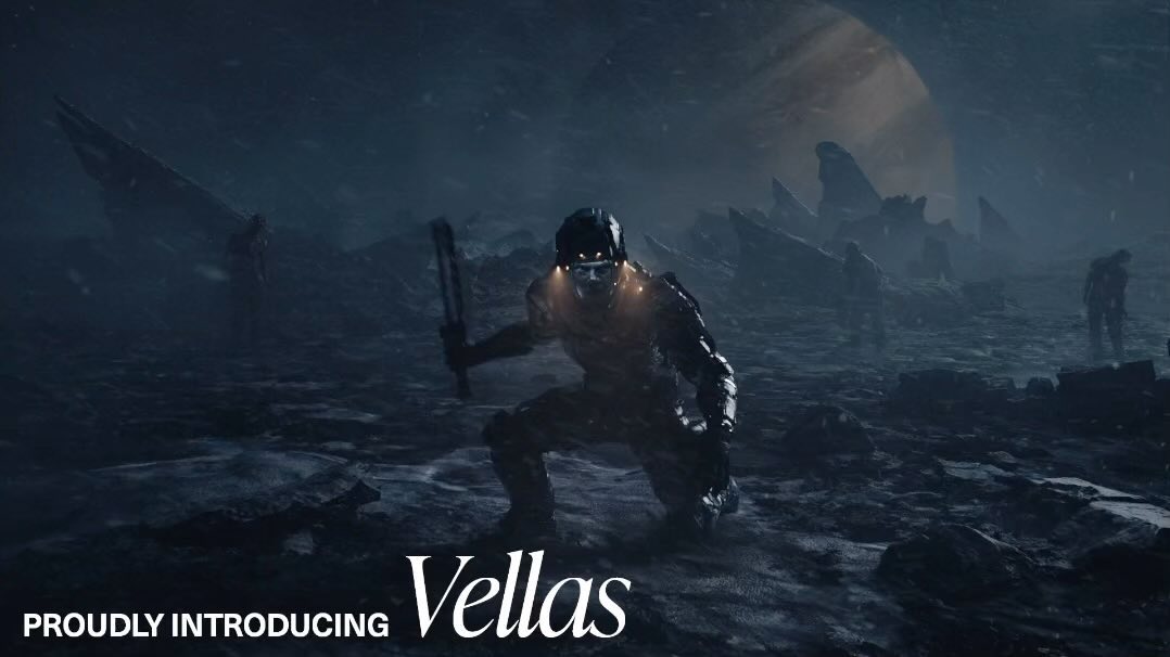 Futuristic warrior with illuminated visor kneels on rocky terrain in a dark, otherworldly landscape, as figures stand in the distance.