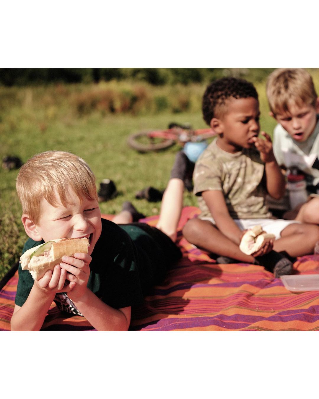 Three young children enjoying sandwiches on a striped blanket in a grassy outdoor setting, with one child eating a sandwich.