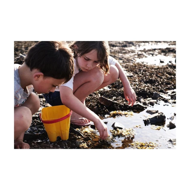 Two children crouch by a tide pool, one reaching into the water, next to a yellow and red plastic bucket on a rocky beach.