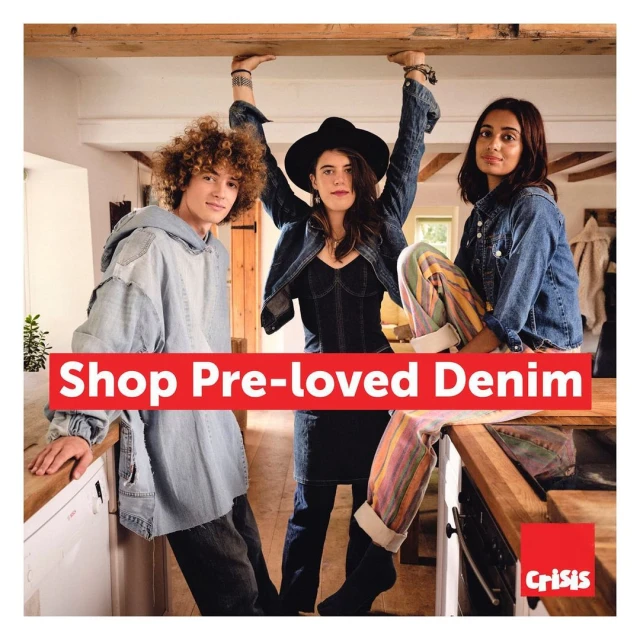 Three young adults pose indoors in denim clothing; one woman wears a hat and colorful striped pants in a bright, casual fashion shot.