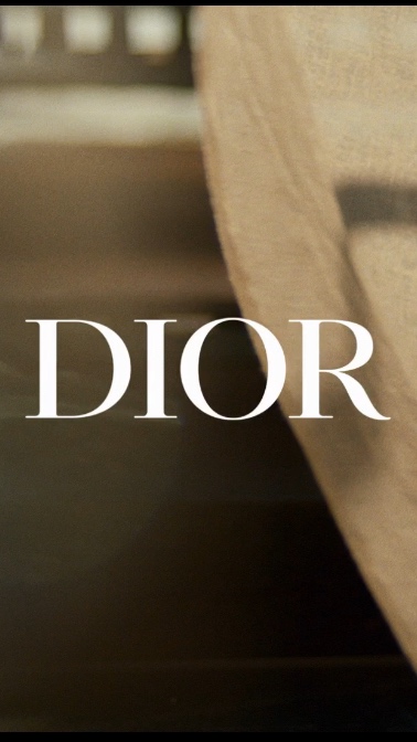 Close-up on 'DIOR' logo, prominent and centered. Image features neutral tones and blurred motion effect. Fashion advertisement.