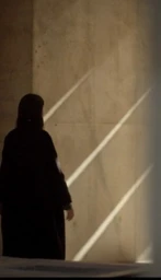 Woman in dark coat standing before a textured wall illuminated by diagonal beams of light