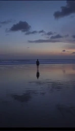 Lone figure standing on a wet sandy beach facing the ocean under a dusky twilight sky with reflections on the water.