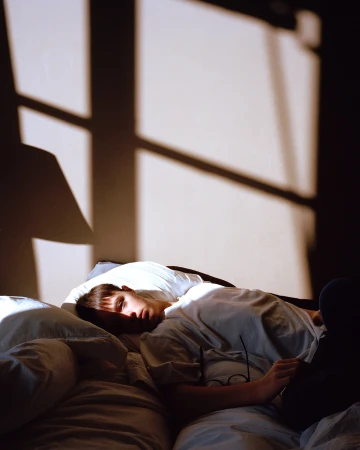 Indoor portrait of a young adult lying in bed in front of a window with sunlight creating shadows on the white wall behind.