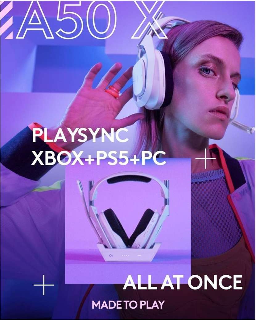 Promotional image featuring a fair-skinned woman wearing a gaming headset, with the headset also displayed on a charging stand below.
