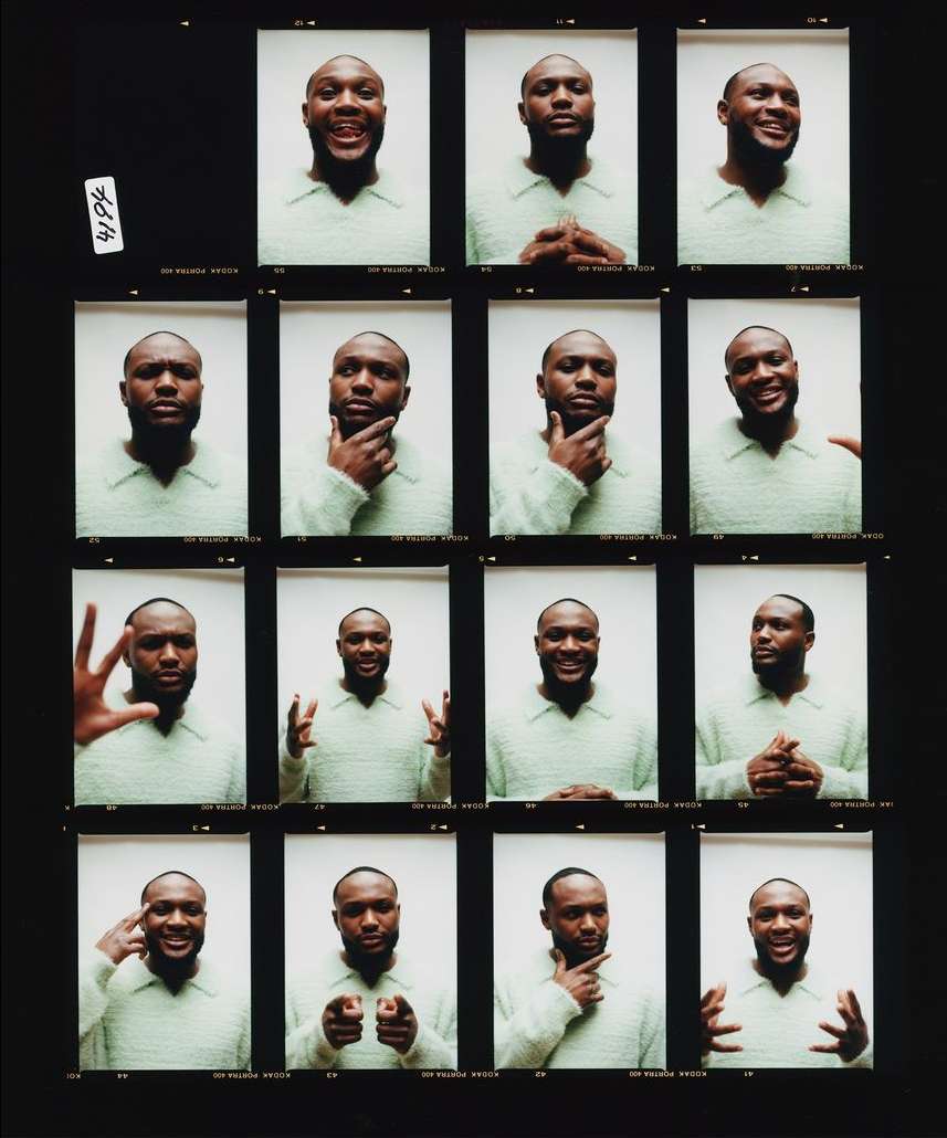 Contact sheet of adult male with a slight smile wearing a light green sweater, in a photo studio with white background and dark framing.