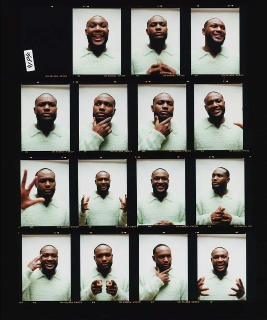 Contact sheet of adult male with a slight smile wearing a light green sweater, in a photo studio with white background and dark framing.