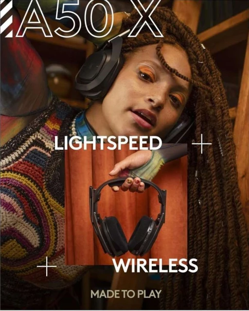 A woman with braided hair wearing a headset holds another black headset in a product shot for audio gaming accessories. 