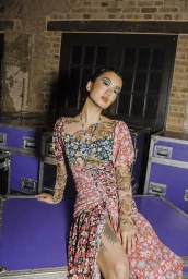 Woman in patterned floral dress seated on a purple flight case in London by Vicky Grout