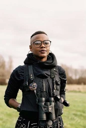 Portrait of a black woman wearing glasses, hoop earrings, and a black tactical vest with binoculars outdoors.