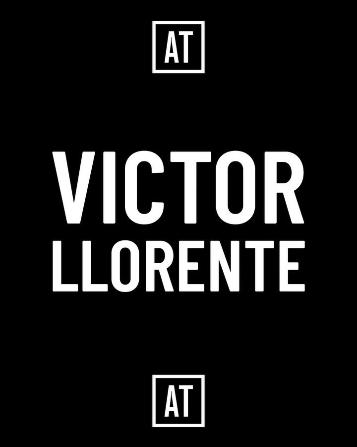 Bold graphic design featuring the names 'Victor' and 'Llorente' in large white sans-serif font on a stark black background with square 'AT' logos.
