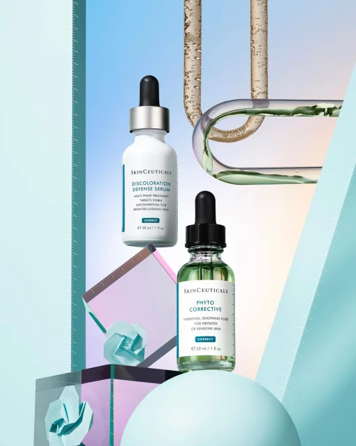 Still life product shot featuring SkinCeuticals serums arranged on geometric shapes in a photo studio with soft lighting and pastel colors.