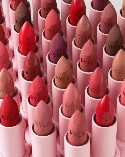 Close-up of multiple Kylie lipsticks in pink tubes with sponge applicators showing various nude, red, and brown shades.