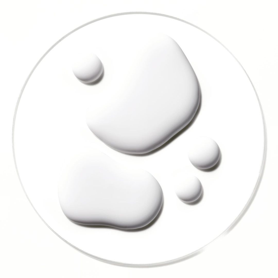 Close-up of several drops of white liquid arranged on a clear surface, creating an abstract and minimalist composition.