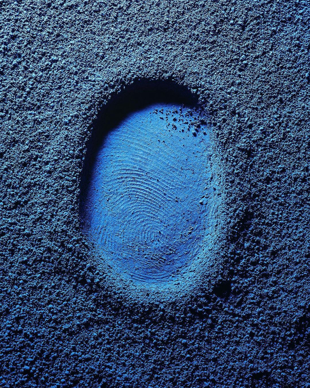Close-up shot of a blue fingerprint impression in fine textured powder or dust. The image is brightly lit with strong contrast and shadows.