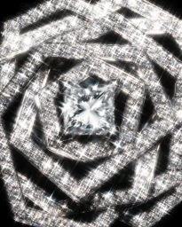 Extreme close-up shot of an intricate geometric diamond jewellery piece sparkling intensely against a dark background
