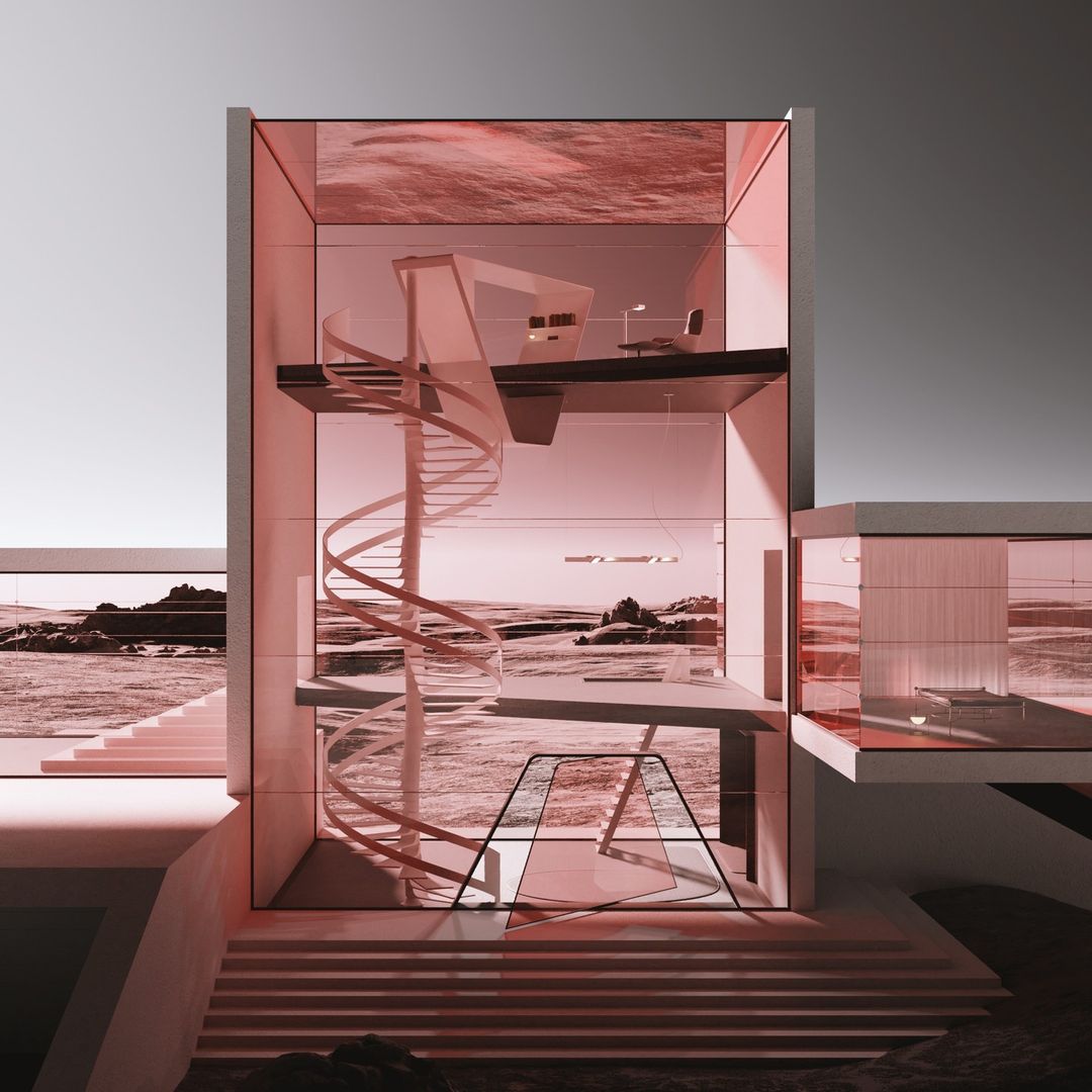 Modern minimalist home architecture with glass walls, a spiral staircase, and ocean views, rendered in a pink and white color palette.