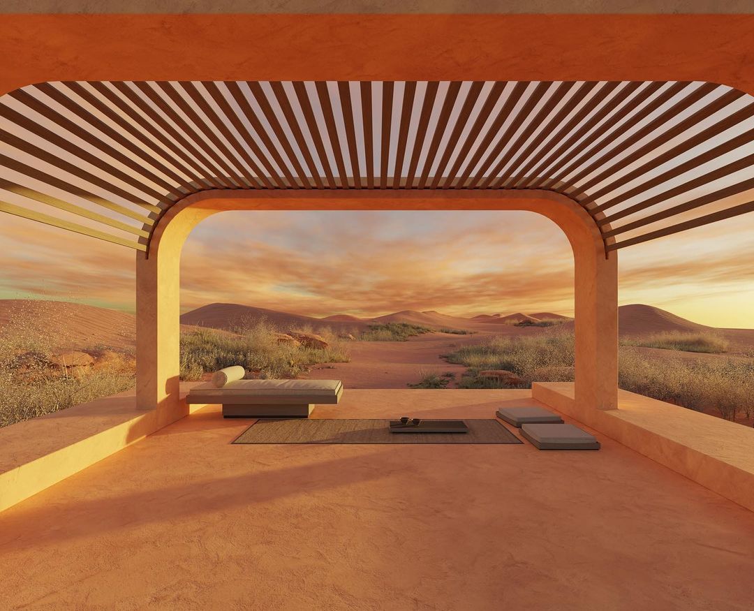 Desert retreat with an outdoor lounge area under a slatted pergola, beige cushions, and minimalist aesthetic in a monochromatic color scheme.