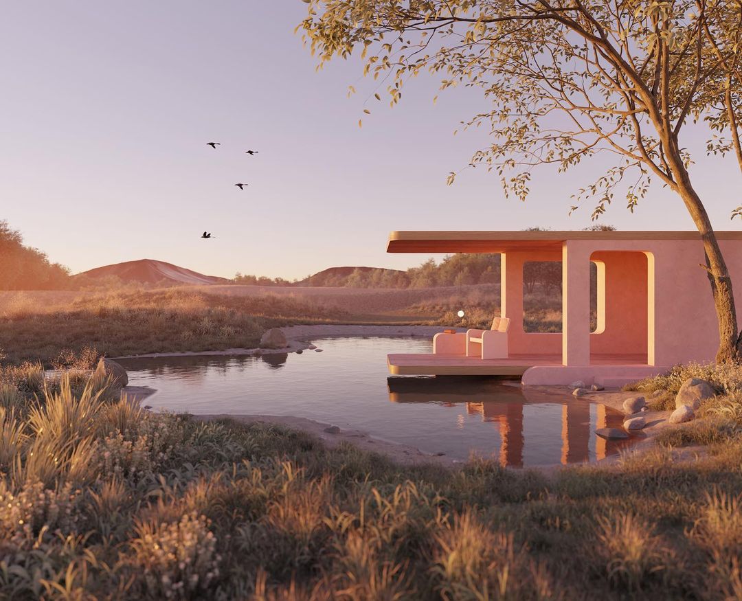 Stylized render of a pink lakeside building with modern design, surrounded by a grassy shore and a tranquil body of water.