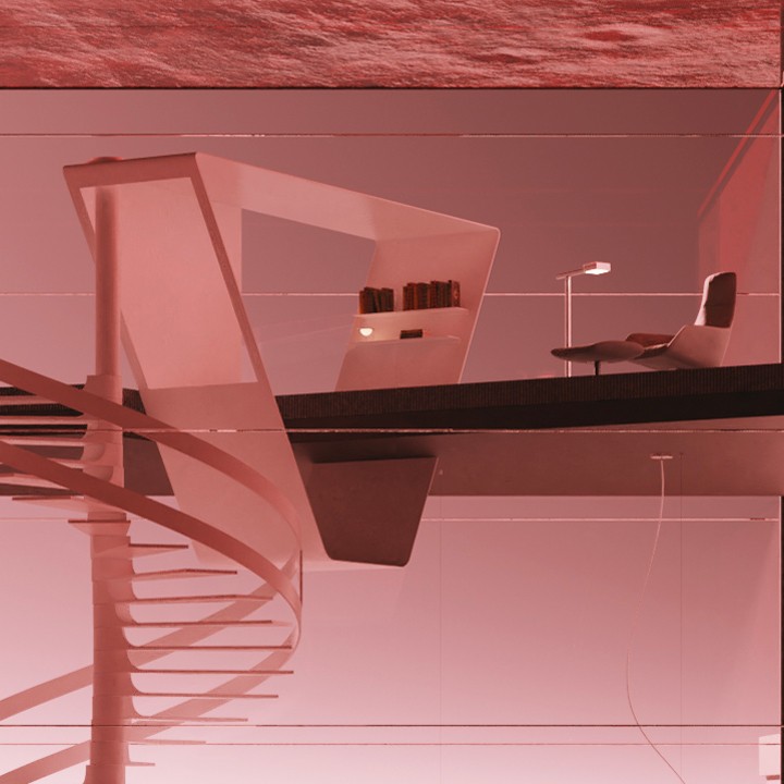 Conceptual interior shows modern white architectural design with a spiral staircase, shelf, and chair under soft, pink-hued studio lighting.