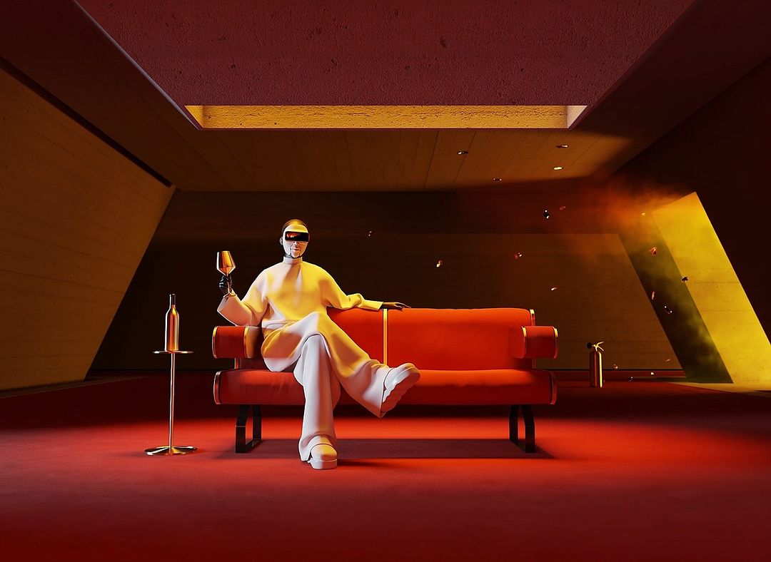 Futuristic humanoid figure reclines on a red couch, holding a wine glass, bottle on a gold stand in an modern room setting.