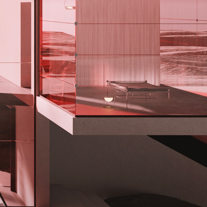 Architectural render in shades of red and white features a platform with a minimalist bed, side table, and a landscape backdrop.