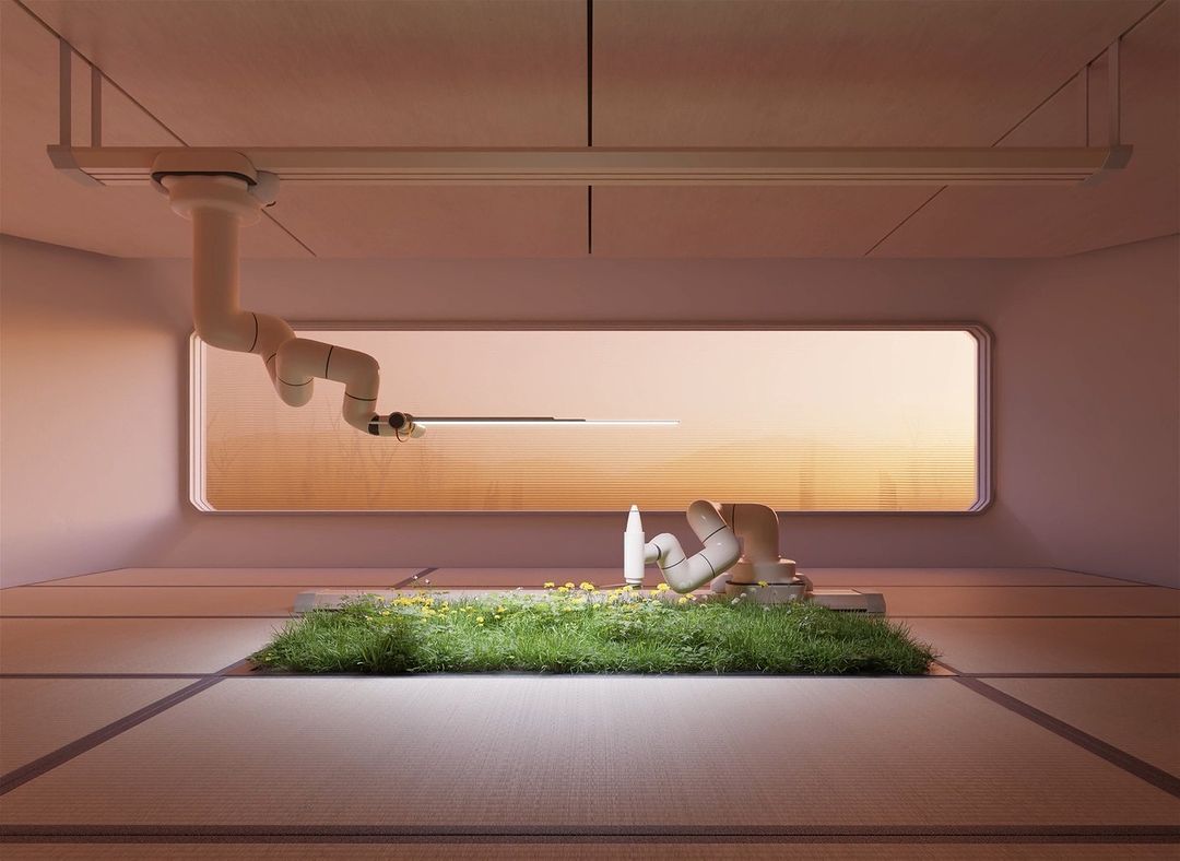 Indoor scene features a robotic arm holding a light above a patch of grass with a product and another robotic arm, against a light window.