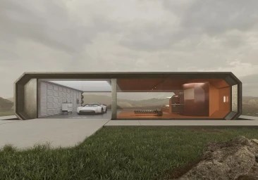 Futuristic elongated modular concrete structure housing a white concept car and minimalist interior, set in a desolate landscape under an overcast sky.