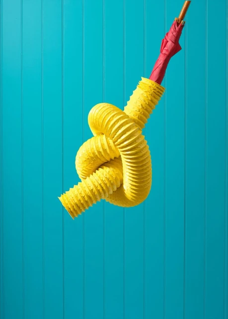 Still life of a red umbrella partially inserted into a yellow corrugated tube tied in a knot, set against a blue wood panel backdrop.