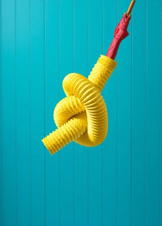 Still life of a red umbrella partially inserted into a yellow corrugated tube tied in a knot, set against a blue wood panel backdrop.