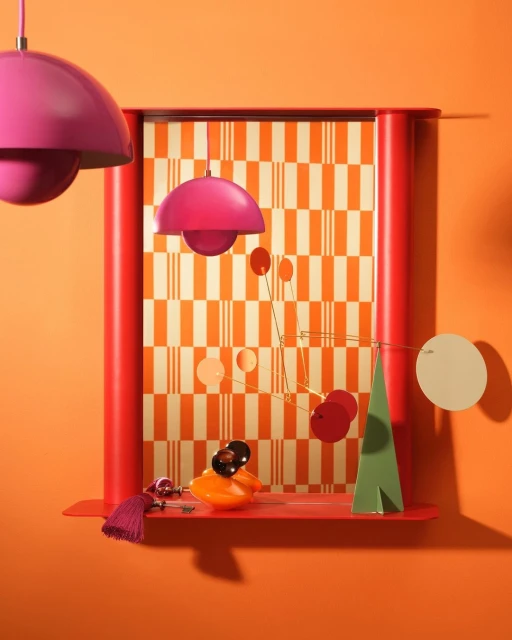 Still life composition features pink pendant lamps, red window frame, geometric wallpaper, decorative objects, and orange wall.