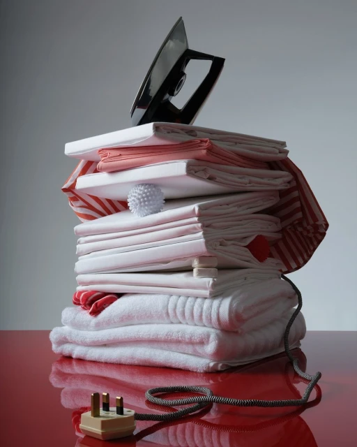 Stack of fresh linens with a black iron on top, sitting on a red surface with visible power cord and plug, shot in soft studio lighting.