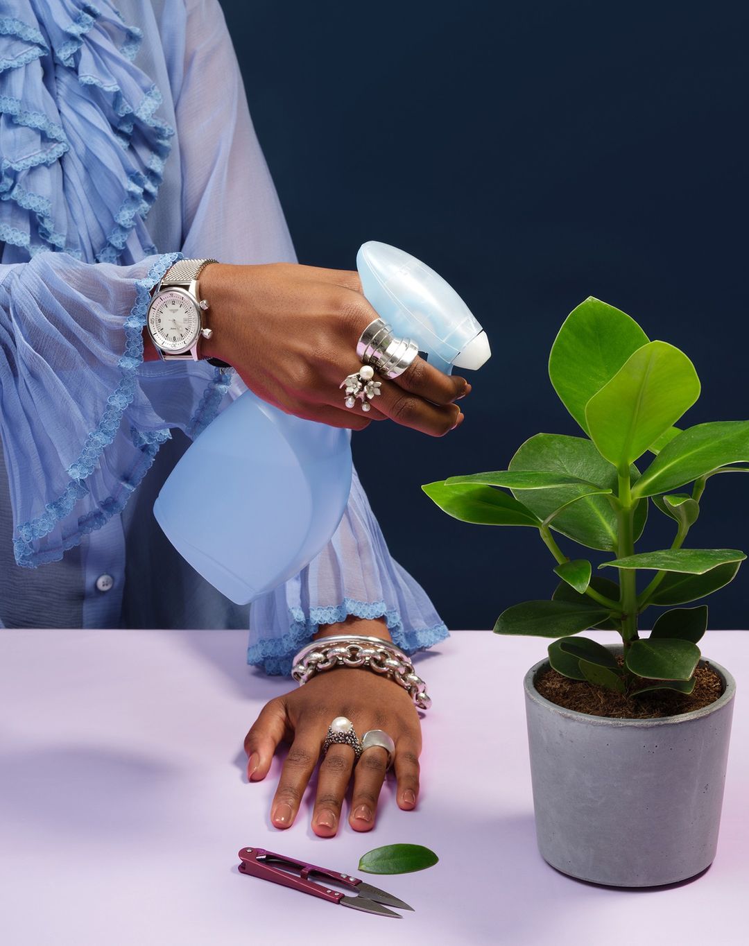 Woman waters a potted plant on a lilac table in a close-up studio shot. She wears a ruffled blue blouse and statement rings and bracelets.