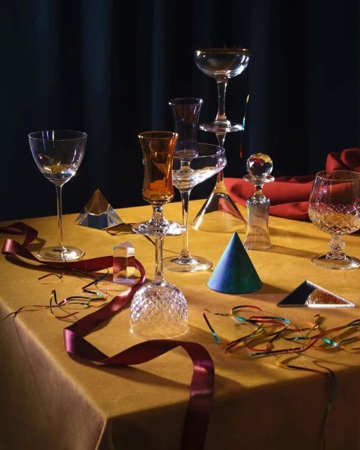 Still life photo of multiple stemmed glasses arranged on a table with colorful geometric shapes, ribbons and a dark curtain background.