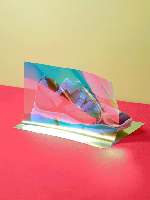 Still life of a pink and blue sneaker partially obscured by a sheet of iridescent cellophane on a red and yellow surface.