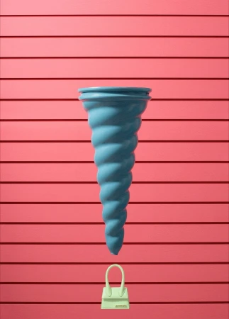 Conceptual still life with a blue vase and small, off-white purse against a backdrop of coral pink horizontal planks.
