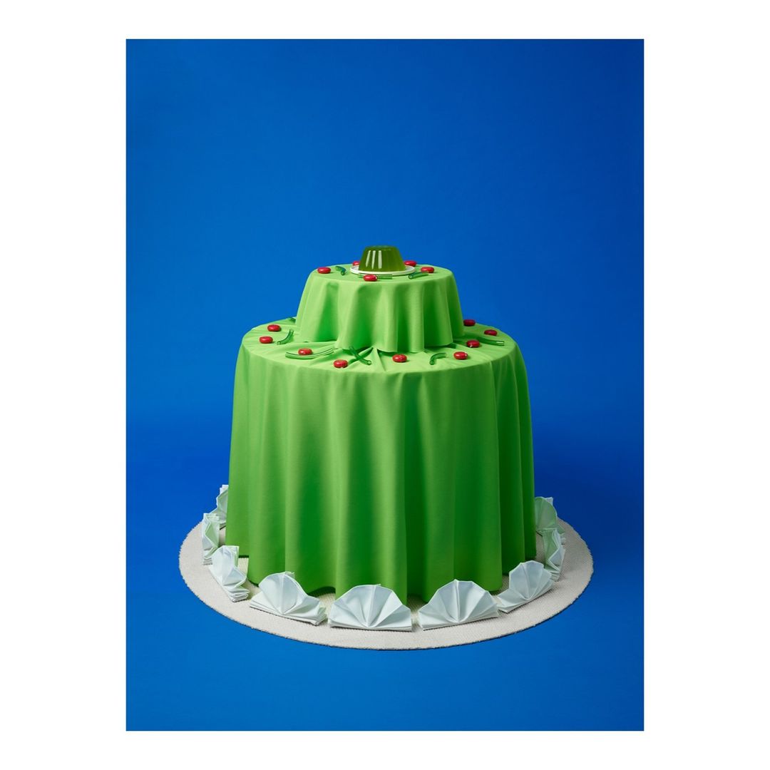 Two-tiered cake covered in green fabric, decorated with red spheres, on a white plate against a solid blue background, studio shot.