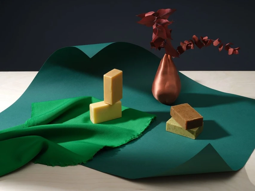 Still life photo featuring handmade soap bars stacked on a green paper surface, accompanied by a green fabric and a copper vase with red leaves.