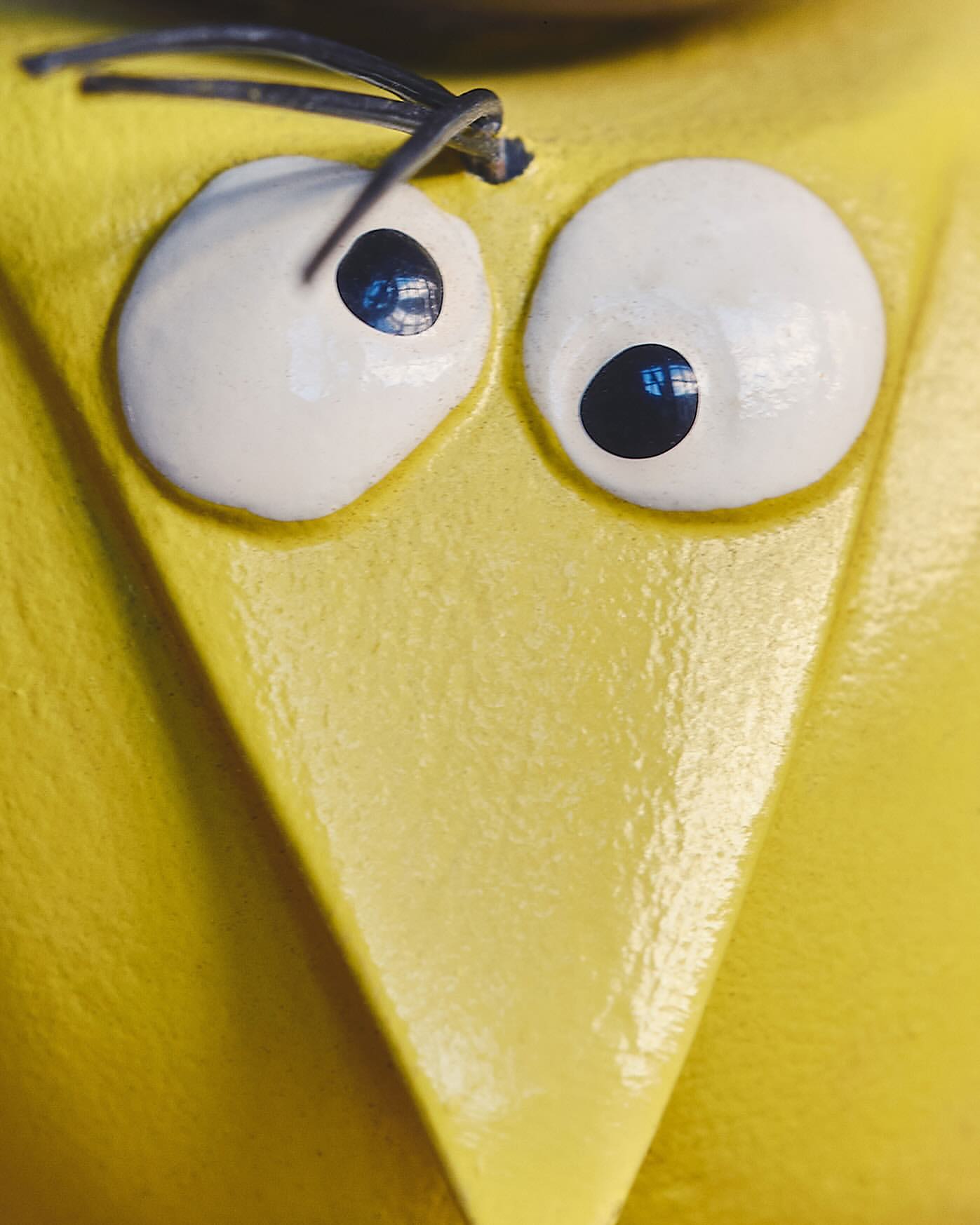 Close-up of a playful yellow character with googly eyes, creating a whimsical and fun visual element.