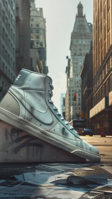 Nike high-top sneaker on a stone surface in a city, with a street, tall buildings, and cloudy sky in the background.