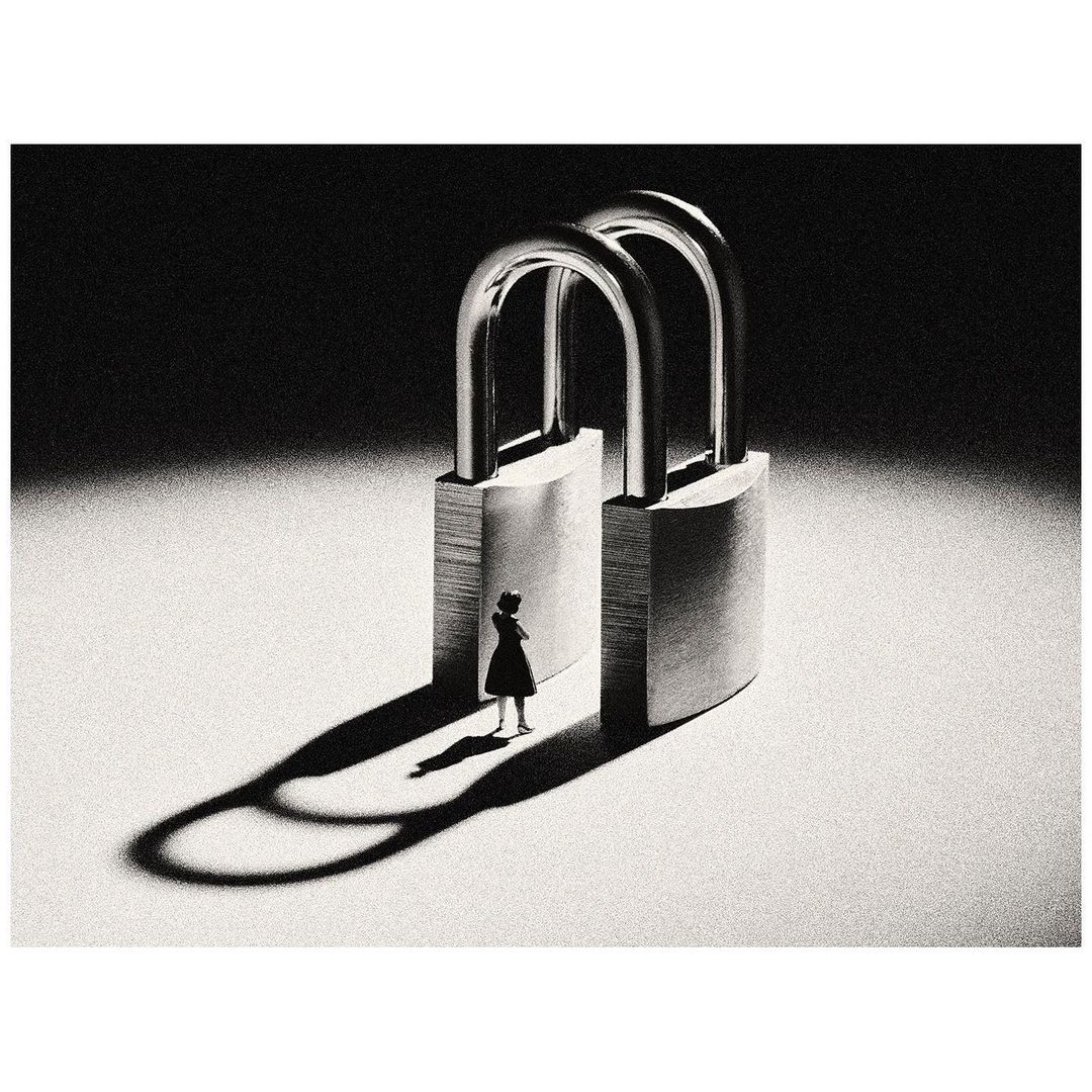 Monochromatic surrealist image featuring an adult female standing between two large metal padlocks under a spotlight, casting strong shadows.