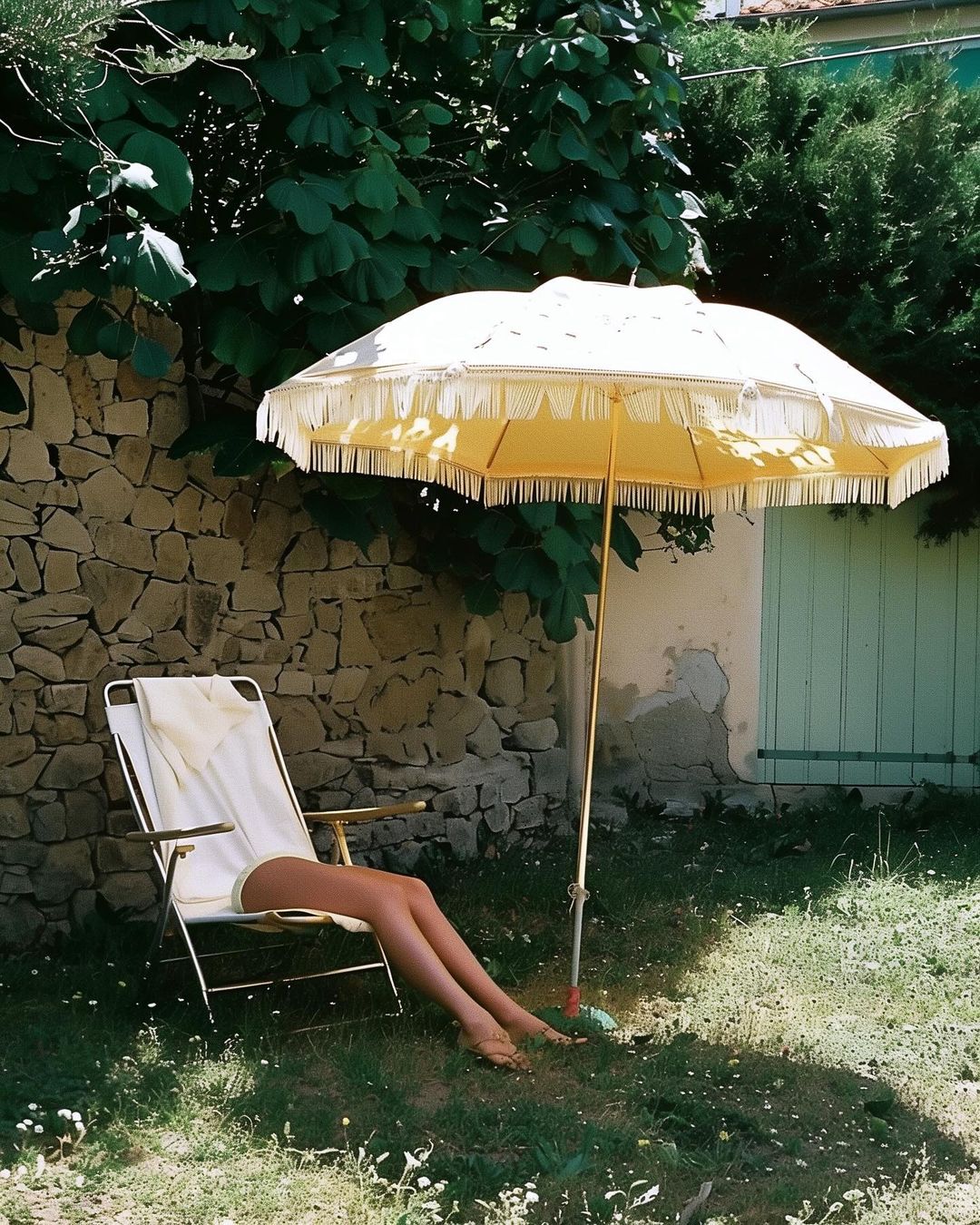 Bare legs of a woman relaxing in a lawn chair under a yellow umbrella, with a stone wall and green foliage in the background.